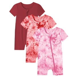 Jimonda Baby GIRLS BOYS Rayon From Bamboo Pajamas 3 Pack Short Sleeve Footless Outfit Romper 2 Way Zipper Tie Dye Bodysuit Pjs Sleep Play(Orange&Pink&Red,0-3 Months)