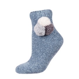 MeMoi Women's Cozy Pom Pom PLush-Lined Slipper Sock Shorties Denim 9-11