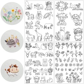 Water Soluble Stabilizer Embroidery Patterns - Animal Stick and Stitch Embroider Paper Wash Away, Floral Highland Cow Designs, Surprise for Hand Sewing Lover(4 Sheets)
