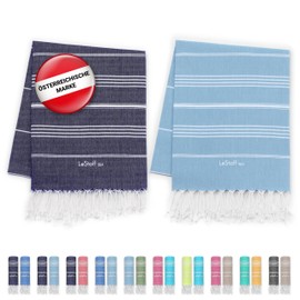 LeStoff Premium Hammam Towel (Set of 2) - 100% Organic Cotton - Prewashed, Sustainable, Absorbent & Quick Drying - Beach, Bath, Shower, Yoga, Spa & Travel Towel (95 x 180 cm, Navy - Light Blue)