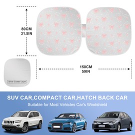 Pink Bow Car Windshield Sun Shade, Foldable UV Protection Window Sunshade with Silver Edging & Storage Pouch, Auto Interior Accessories for Sedan, SUV & Hatchback