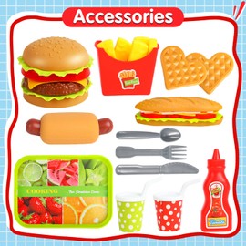 FINGOOO Pretend Play Food Set, Hamburger Fries Pizza Popcorn Toys Role Play Take Apart Educational Gift for Kids Boys Girls