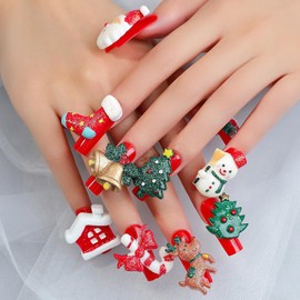 Christmas Press on Nails Long,Square Fake Nails with Charms Red Acrylic Nails Cute Santa Claus and Deer Snowman Charm Designs Glue on Nails Reusable Full Cover Stick on Nails for Women and Girls