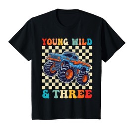 Kids 3rd Birthday Monster Truck Young Wild And Three 3 Year Old T-Shirt