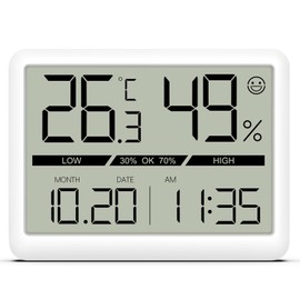 Brifit Indoor Thermometer Hygrometer Digital Thermo-Hygrometer with Large LCD Screen and Magnet, Room Thermometer with Smiley Indicator, Clock, Date, Humidity Meter for Living Room, Office