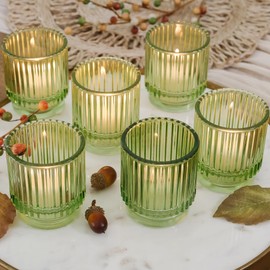 Vintage Green Ribbed Glass Tealight Votive Candle Holders by Kate Aspen (Set of 6), Fall Decor, Boho Decor, Shelf Decoration | Perfect Hostess Gift or Home Decor