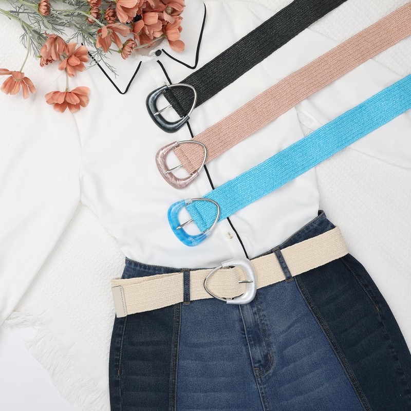 Elerevyo Women Woven Wide Stretch Belts, Straw Rattan Triangle Buckle