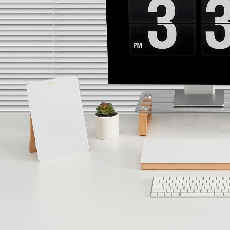 Desktop Glass Whiteboard with Reversible Wood Stand, Small White Board,
