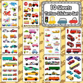 LEADTEAM Tattoo Children's Boys Set, 10 Sheets Transport Children's Tattoos Stickers with Cars Ships Planes for Boys Girls Children's Birthday Party Bag Decoration Children's Toy Gifts for Children