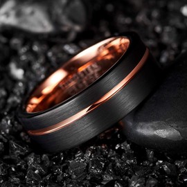 Vakki 8 mm rings for men, black, rose gold, tungsten ring, black matt, men's rings, tungsten carbide, size 48-76 (15.3-24.2), Tungsten Carbide Wood Tungsten Carbide Wood opal