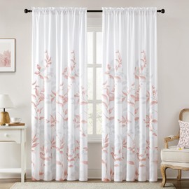 HOMEIDEAS Non-See-Through Pink and White Privacy Sheer Curtains 52 X 84 Inch Length 2 Panels, Leaf Floral Printed Light Filtering Semi Sheer Window Curtains Drapes for Bedroom Living Room