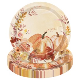 FYSUIMU 50Pcs Fall Paper Plate Watercolor Pumpkin Floral Disposable Dinner Plates 9 Inch Round Dessert Plates for Autumn Harvest Thanksgiving Party Home Tableware Supplies