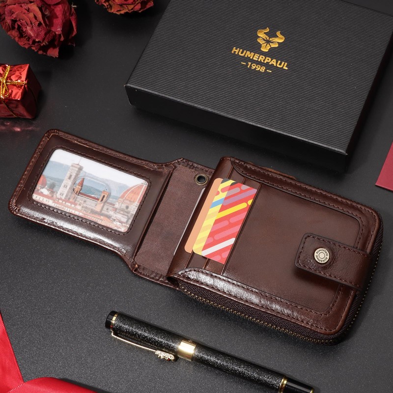 HUMERPAUL Zipper Wallets for Men, Genuine Leather RFID Blocking Bifold