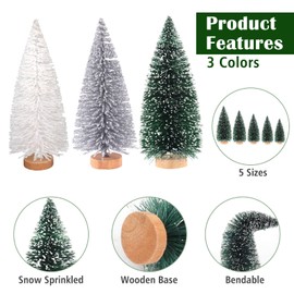 SUMKIA LIFE 30Pcs Mini Christmas Trees Artificial Christmas Tree Bottle Brush Trees with Wooden Base for Christmas Decor Christmas Party Home Table Craft Decorations(White+Silver+Dark Green)