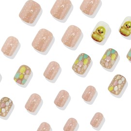 24 Pcs Easter Press on Nails Short Square Chick Fake Nails Pink False Nails Press Ons With Cute Eggs White Dots Designs Glossy Nail Tips Full Cover Acrylic Nail Kit for Women Manicure