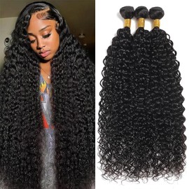 VENGSTI Human Hair Bundles Water Wave 28 30 32 Inch Brazilian 12A 100% Unprocessed Double Weft Wet and Wavy Quick Weave, Black Color, 300g