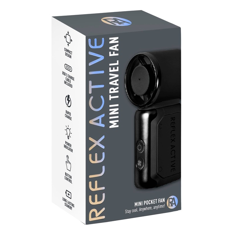 Reflex Active Black Mini Handheld Pocket Fan for Travel, Commuting,