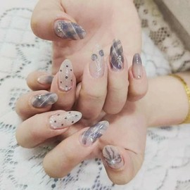 LIyun&Hang 3D Press on Nails Oval Shapes 24Pcs Glossy Full Cover Artificial Fake Nails, bowknot and Dridding With Rhinestones Pearl Flashing Design, Reusable Luxury jelly glue Stick On Nails (type-12)