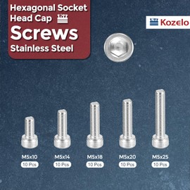 Kozelo 50pcs M5 Socket Head Cap Screws Bolts Nuts Assortment Kit - [M5x10/14/18/20/25mm] 304 Stainless Steel Allen Socket Drive for 3D Printer