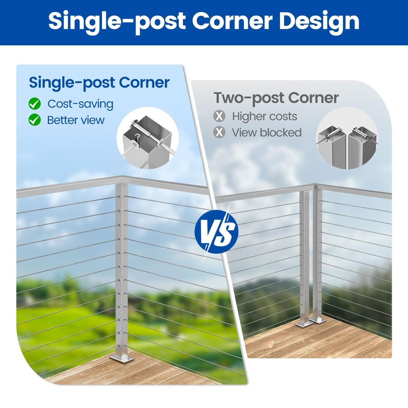 Muzata Corner Cable Railing Post 42 Inch 42"x2"x2" T-drilled One-Post