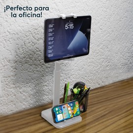Archy Base Soporte para Tablet 2 en 1 con Rotacion de 360 Grados Ajustable Extensible para Escritorio Estable Brazo Flexible Porta Tablet con Soporte para Celular Multiusos Oficina (ZJ2149) (Blanco)