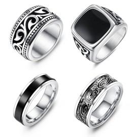 Jstyle 4Pcs Stainless Steel Vintage Signet Rings for Men Biker Rings Set Pinky Thumb Celtic Band Ring Spinner Ring Silver Gold Polished Edge Mens Rings for Men Jewelry Gift Silver Ring Size 12