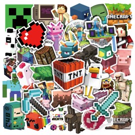50Pcs Mine Stickers, Cool Pixel Art Gaming Decals for Laptops Water Bottles Gaming Gear Guitar Bumper Cars Skateboard, Waterproof Vinyl Blocky Design Stickers Packs for Teens Aldults Boys Girls