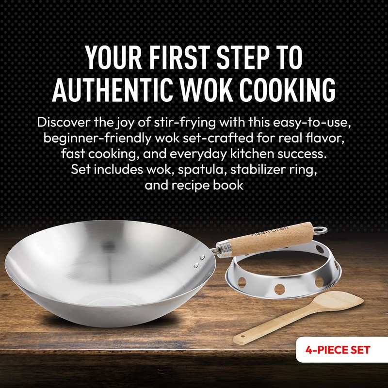 Helen's Asian Kitchen Round Bottom Wok Set, Carbon Steel and