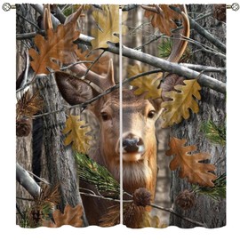 Yearn Jear Forest Camouflage Deer Curtains, Forest Camo Oak Branches Leaves Mossy Hunting Lodge Camp Cabin Theme Windows Door Curtain for Bedroom Living Room Home Decor 52x84in Blackout