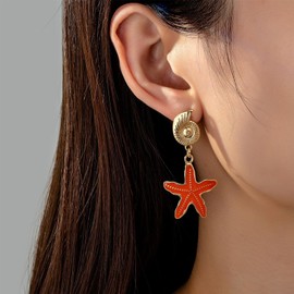 QLYOVWE Dainty Starfish Earrings for Women 14K Gold Plated Sea Shell Enamel Dangle Earrings Retro Chic Summer Vacation Beach Jewelry Gifts (Orange)