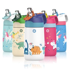 FEIJIAN Kids Stainless Steel Water Bottles with Straw, 12 oz Leak Proof Insulated Water Bottle Double Wall, Keep Drinks Hot Cold Toddler Thermos with Handle BPA-Free for School