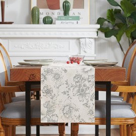 TOPICK Linen Table Runner Floral Print Kitchen Table Runner 72 Inches Long Vintage Botanical Decorative Table Runner Farmhouse Rustic Coffee Table Decor for Dresser Dining Room 1 Panel Grey on Beige