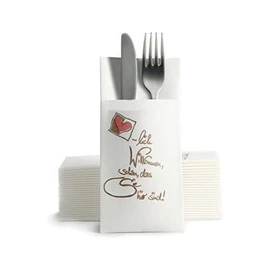 Alvotex Chic Airlaid 50 Cutlery Napkins Cutlery Bags, Fabric-Like, High-Quality Disposable Napkin, 39 x 40 cm, Herzlich Willkommen White Pattern, Pack of 50 (Pack of 1)