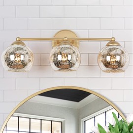 Durent Lighting Gold Vanity Lights, Modern Bathroom Light Fixtures with Mercury Glass Shades, 3 Light Vanity Lighting Over Mirror