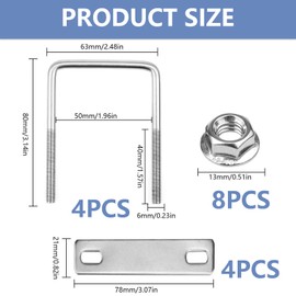 4 Pack M6 Square U-Bolts, 80 x 50 mm Stainless Steel U Clamp Bolt Fastener with Nuts and Frame Plates, U Bolts Brackets for Industrial Hardware Pipe Conduit Cable Tube Marine Boat Deck Trailer Auto