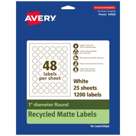 Avery EcoFriendly Matte White Recycled Round Labels, 1" Diameter, Print-to-The-Edge, Matte White Labels, Permanent Adhesive, Laser/Inkjet Printable, 1,200 Total