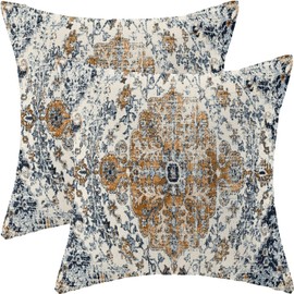 AEIOAE Boho Pillow Covers 22x22 Inch Set of 2,Carpet Pattern Throw Pillows Case,Rust Blue Ethnic Design Outdoor Decorative Square Linen Farmhouse Decor Cushion Covers for Home Sofa Bed Couch