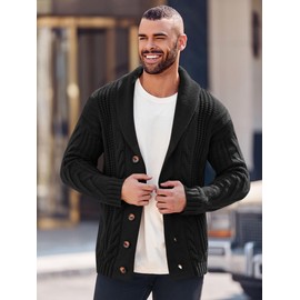 Gafeng Mens Shawl Collar Cardigan Sweater Cable Knit Button Chunky Long Sleeve Winter Fisherman Casual Cardigans Black