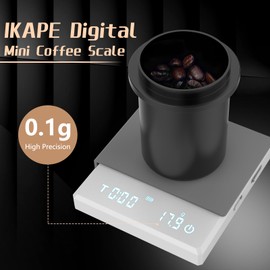 IKAPE V2 Mini báscula digital de café con temporizador, 2 kg/0.1 g de alta precisión recargable con función de tara, pantalla LED (blanco)
