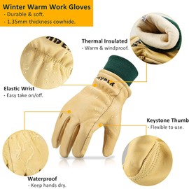 FEISHDEK Waterproof Work Gloves for Men, Winter Insulated Leather Work Gloves, Cowhide Leather Gloves Working in Cold Weather