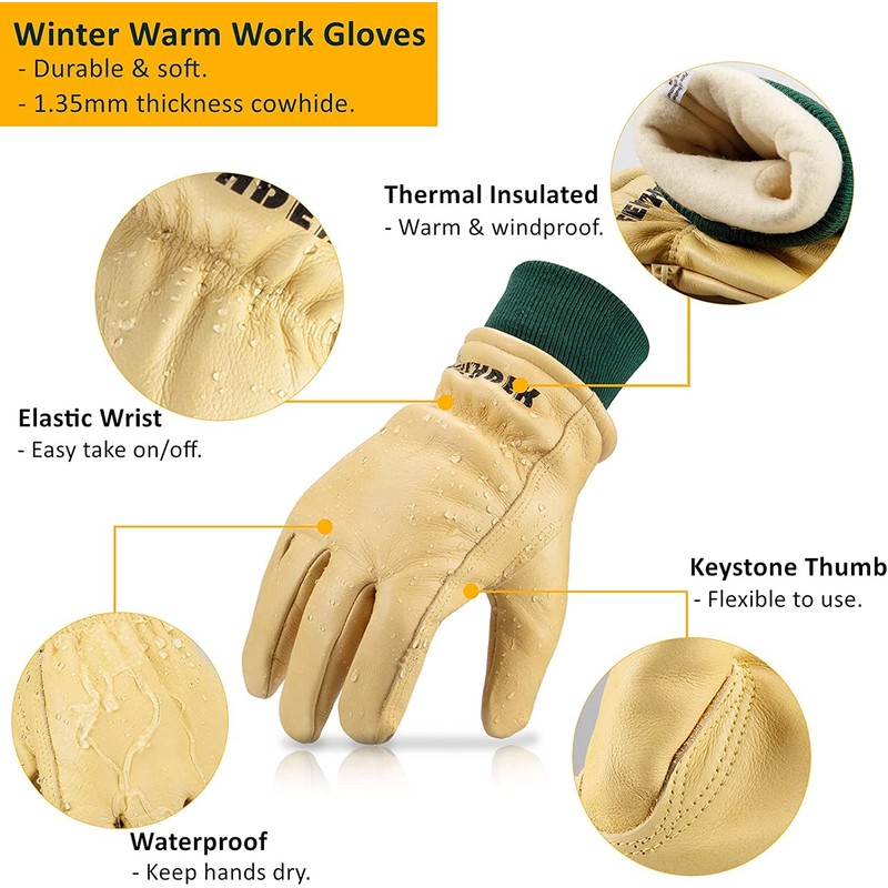 FEISHDEK Waterproof Work Gloves for Men, Winter Insulated Leather Work