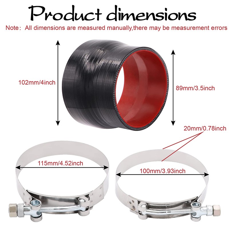 TuoLauthon 3-1/2 to 4 inches Straight Black Silicone Reducer Coupler