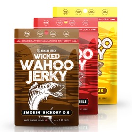 Wahoo Ono Fish Jerky Variety Sampler - Smokin' Hickory O.G, Island Citrus, and Spicy Chili - Smoky, Zesty, and Spicy Umami Flavors - Artisan Crafted by Kaimana Jerky - Organic Gourmet Smoked Dried Fish Strips Rich in Omega-3 & Protein - Low-Calorie Seafo