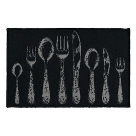 EVIDECO French Home Goods Black Wool-Effect Kitchen Mat with Chic Cutlery Print 32 x 20 Inches