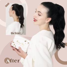 Sunny Ponytail Extension Human Hair Black For Women Clip in Ponytail Extensions Natural Black Pony Tail Extensions Remy Hair Wrap Around 80g 16inch