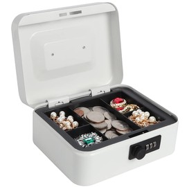 Kasten Cash Box with Combination Lock, Metal Cash Box with Money Tray, 7.87"x 6.30"x 3.54", Small White