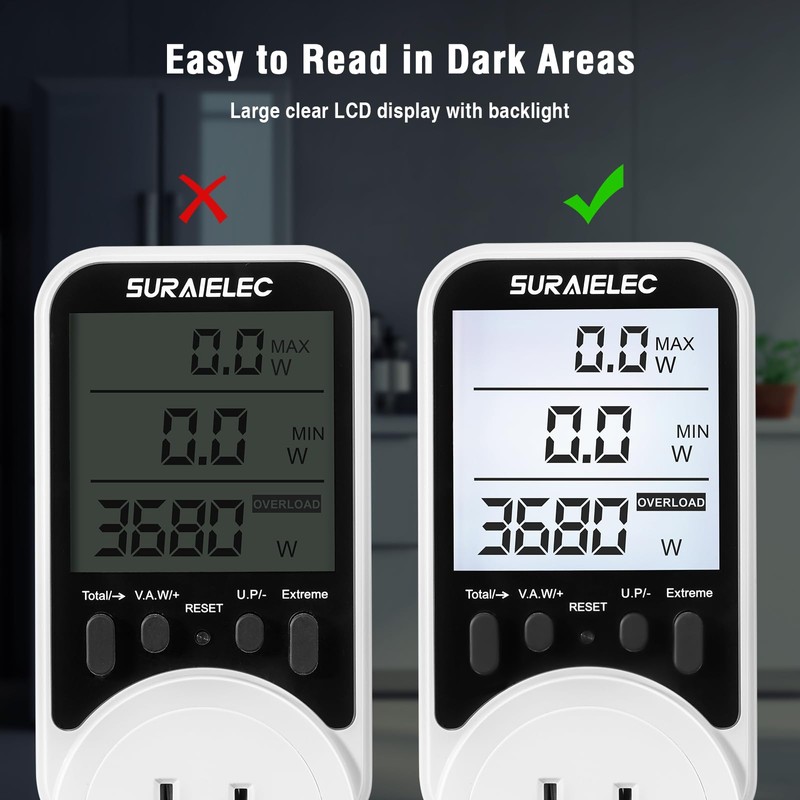 Suraielec Watt Meter, Plug-in Socket Power Meter, 90V-250V Wide Range,