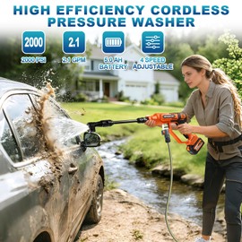 Cordless Pressure Washer with Faucet & Garden Hose Connector, 2 X 5.0AH Batteries, 2000PSI MAX Portable Pressure Washer with Brushless Motor, 4 Speed Adjustment LCD Touch Screen, 6-in-1 Nozzle