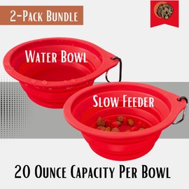 Tito's Closet Dog Travel Bowl 2-Pack, Includes Collapsible Water Bowl for Dogs and Slow Feeder, 100% Silicone, Leak Proof, 20 Ounces, Red