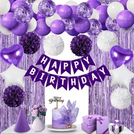 Purple Birthday Decorations for Girls Women,Party Decorations Happy Birthday Decoration with Banner, Balloons, Pompoms, Purple Aluminum Foil Curtain for Bday Engagement Anniversary Party Decor Kit